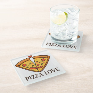 Cute Pizza Love Sticker Glass Coaster