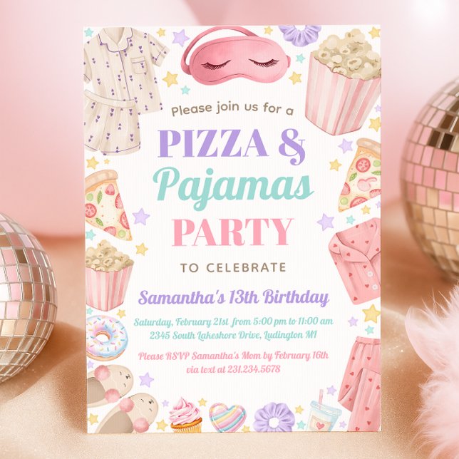 Cute Pizza & Pajamas Slumber Party Girl Birthday Invitation (Cute Pizza & Pajamas Slumber Party Girl Birthday Invitation)
