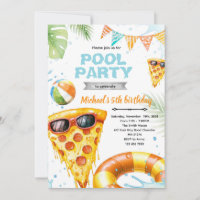 Cute pizza pool party theme invitation
