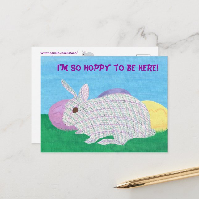 Cute Plaid Bunny I'm so hoppy to be here postcards (Front/Back In Situ)