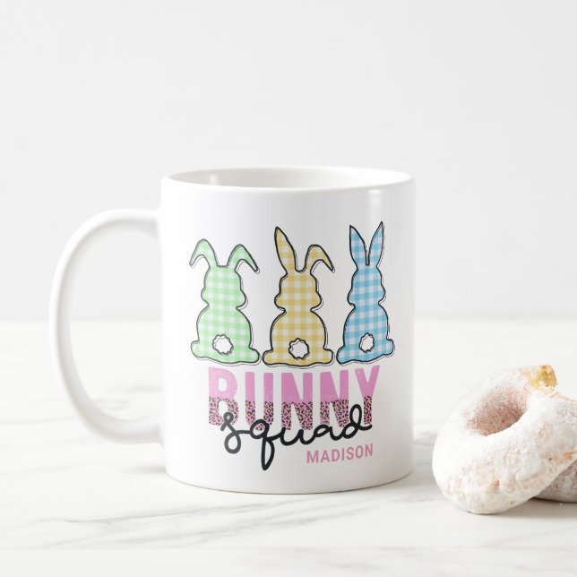 Cute Plaid Bunny Squad Rabbit Personalised Coffee Mug (With Donut)