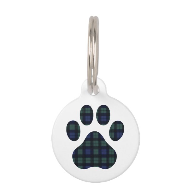Cute Plaid Dog Paw Print Round Pet Tag (Front)