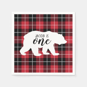 Cute Plaid Flannel Pattern Bear 1st Birthday Party Napkin