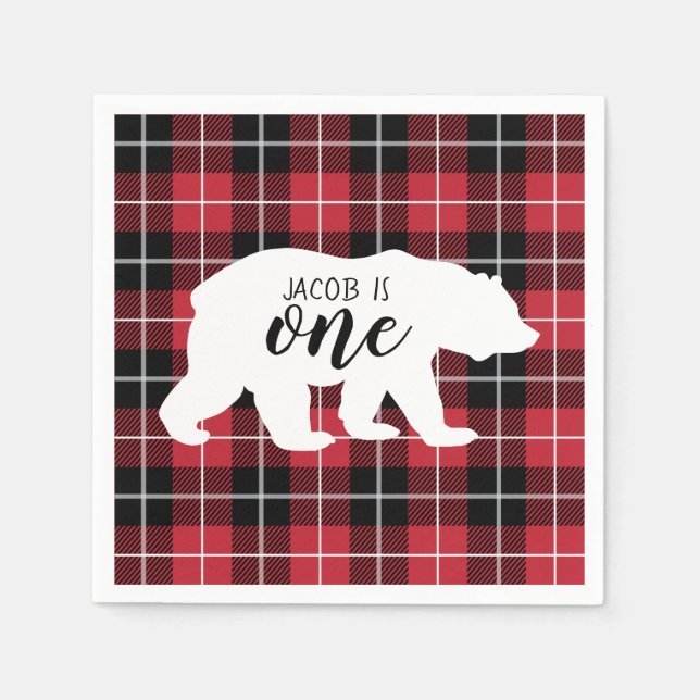 Cute Plaid Flannel Pattern Bear 1st Birthday Party Napkin (Front)