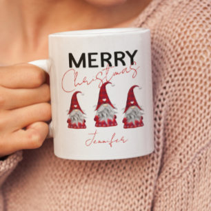 Cute Plaid Merry Christmas Gnomes with Your Name Two-Tone Coffee Mug