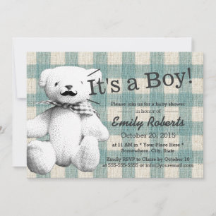 Cute Plaid Moustache Bear Baby Shower Invitation