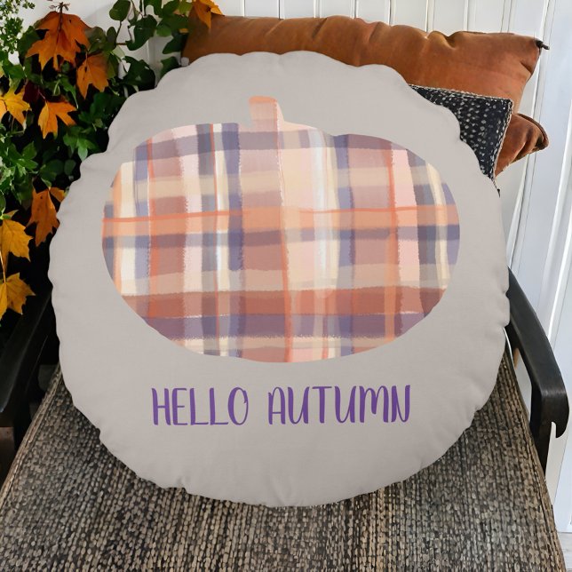 Cute plaid pumpkin fall script tartan grey orange  round cushion (Creator Uploaded)