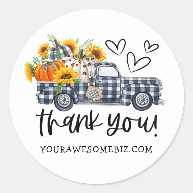 Cute Plaid Pumpkins Sunflower Truck Fall Business Classic Round Sticker (Front)