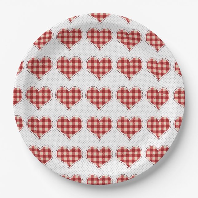 Cute Plaid Red Hearts Dotty Pattern Paper Plate (Front)