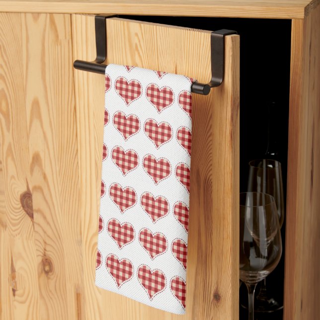 Cute Plaid Red Hearts Dotty Pattern Tea Towel (Thirds Fold)