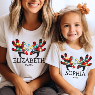 Cute Plaid Reindeer Antlers Lights Name Matching T-Shirt