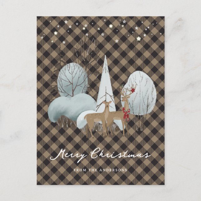 Cute Plaid Reindeer Stars Merry Christmas Holiday Postcard (Front)