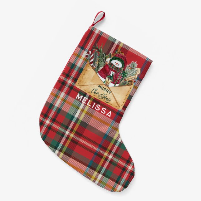 Cute Plaid Rustic Script Holidays Personalised Small Christmas Stocking (Front (Hanging))