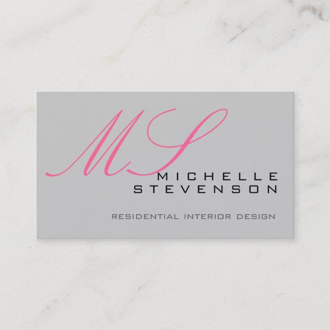Cute Plain Grey Pink Monogram Business Card (Front)