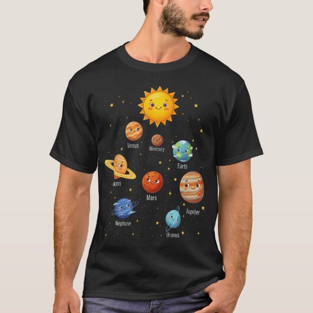 Cute Planets Around Sun Space Galaxy T-Shirt (Front)