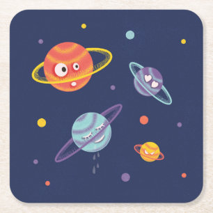 Cute Planets Cartoon Space Kids Square Paper Coaster