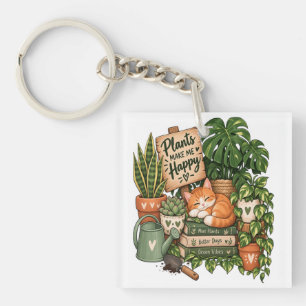 Cute Plant Lover Cat – Plants Make Me Happy Key Ring