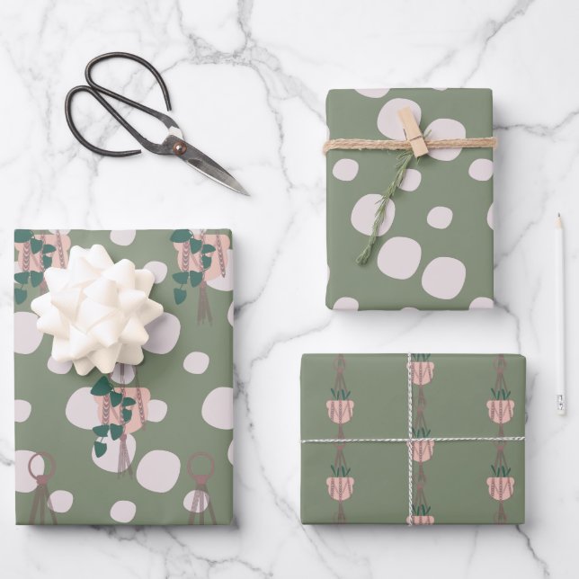 Cute Plant Macrame Scattered Dot Pattern Wrapping Paper Sheet (Front)