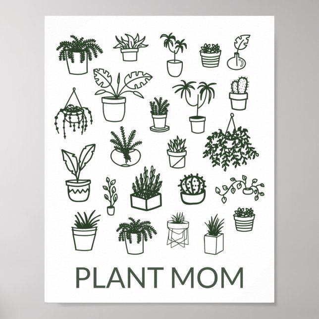 Cute Plant Mum Houseplant Illustration in Green Poster (Front)