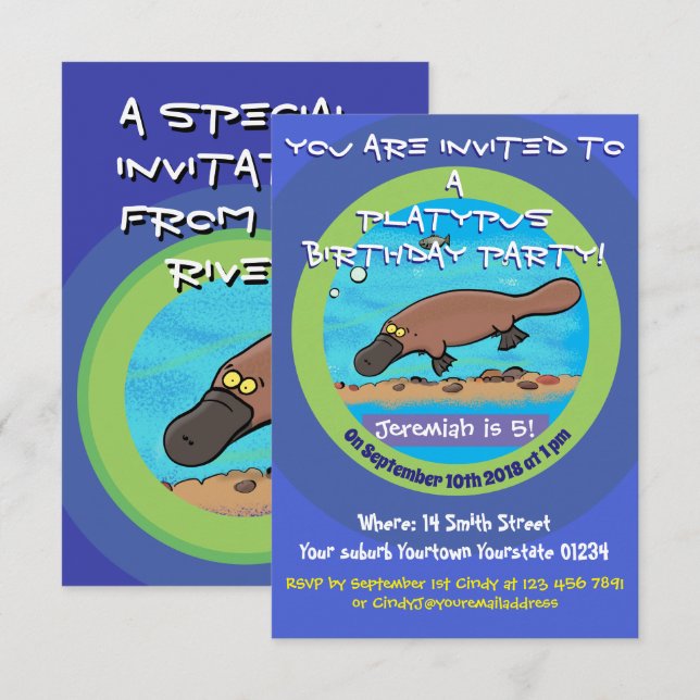 Cute platypus cartoon 5 years birthday invitation (Front/Back)