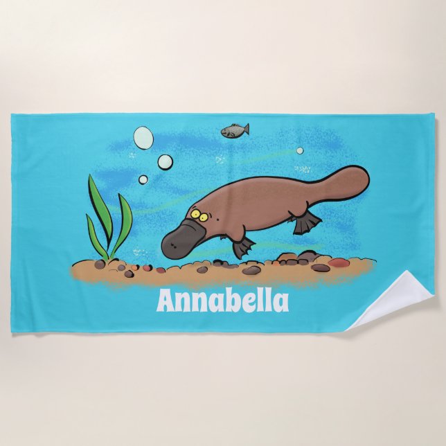 Cute platypus swimming cartoon beach towel (Front)