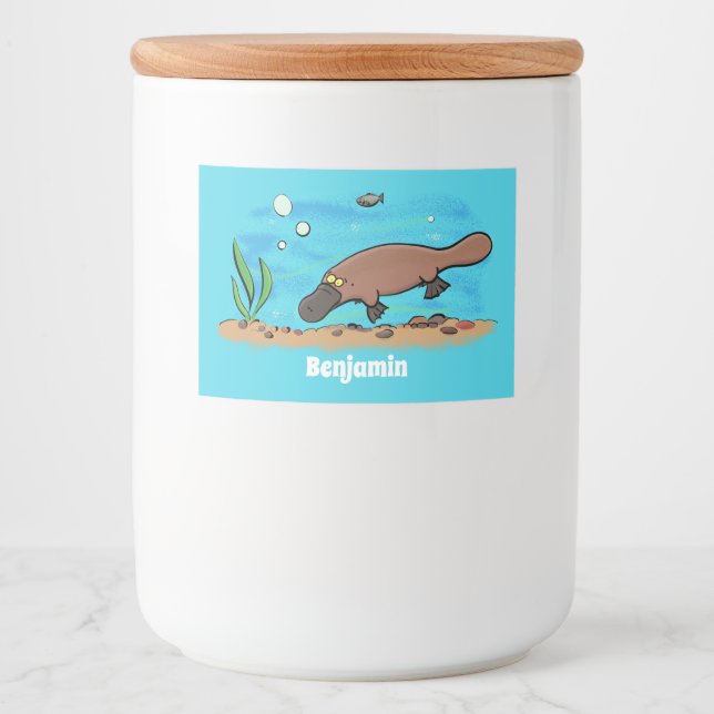 Cute platypus swimming cartoon food label (Front)