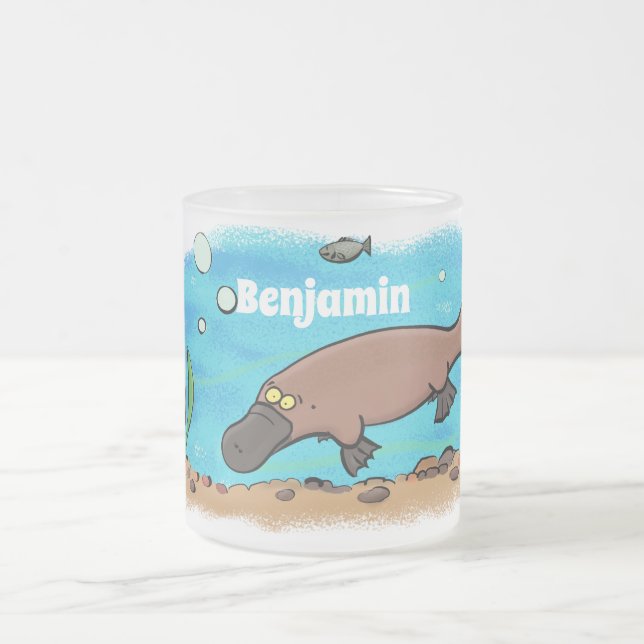 Cute platypus swimming cartoon frosted glass coffee mug (Center)