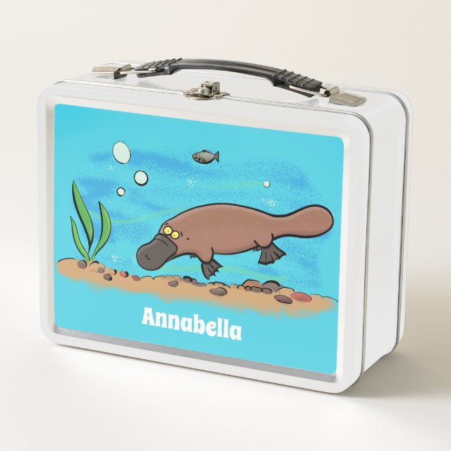 Cute platypus swimming cartoon metal lunch box (Front)