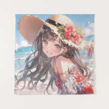 Cute playful anime girl on the beach