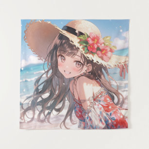 Cute playful anime girl on the beach tapestry