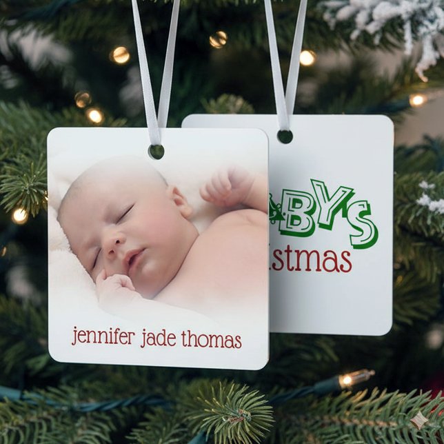 Cute Playful Baby's Photo First Christmas Tree Metal Tree Decoration (Baby's First Christmas Ornament Cover Photo)