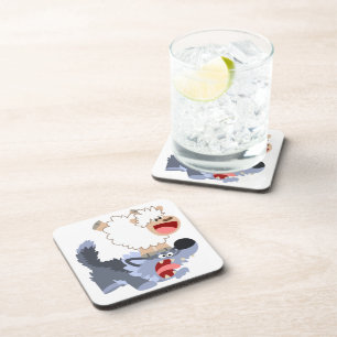Cute Playful Cartoon Sheep and Wolf Coasters Set