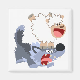 Cute Playful Cartoon Sheep and Wolf Magnet