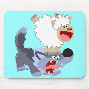 Cute Playful Cartoon Sheep and Wolf Mousepad