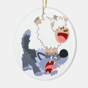 Cute Playful Cartoon Sheep and Wolf Ornament