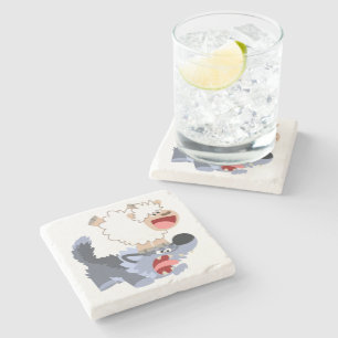 Cute Playful Cartoon Sheep and Wolf Stone Coaster