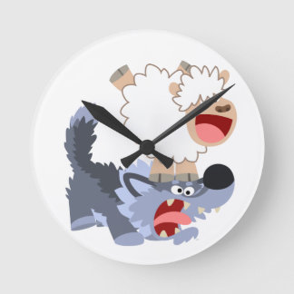 Cute Playful Cartoon Sheep and Wolf Wall Clock