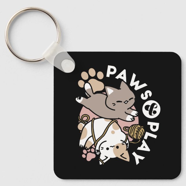 Cute Playful Cats Design – Fun Paws and Play Art Key Ring (Front)