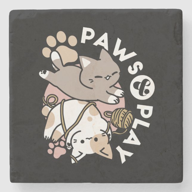 Cute Playful Cats Design – Fun Paws and Play Art Stone Coaster (Front)