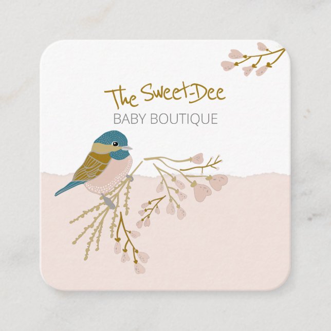 Cute Playful Chickadee Hearts Baby Boutique Shop Square Business Card (Front)