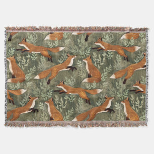 Cute Playful Foxes in Red Brown on Olive Green Throw Blanket