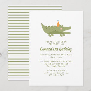 Cute Playful Green Crocodile 1st Birthday Invitation