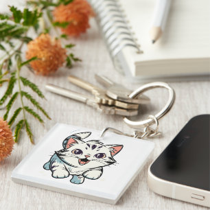 Cute Playful Kitten Cartoon Art Key Ring