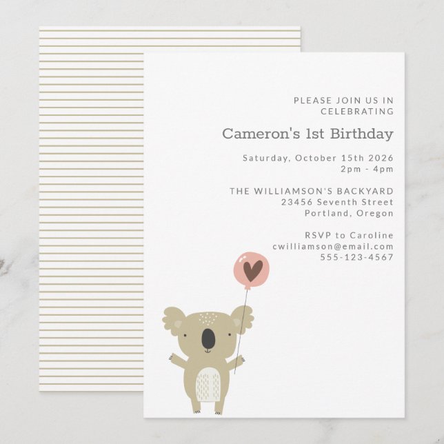 Cute Playful Koala Bear Simple 1st Birthday Invitation (Front/Back)