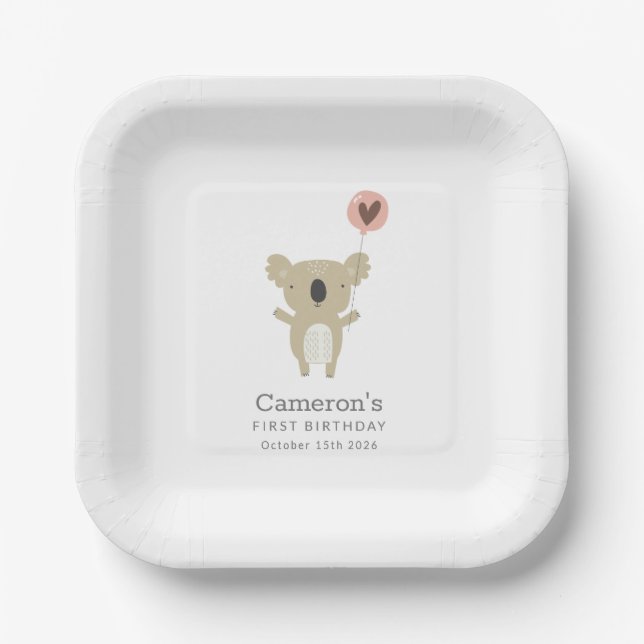 Cute Playful Koala Bear Simple 1st Birthday Paper Plate (Front)