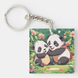 Cute Playful Little Pandas - Anime Style Key Ring