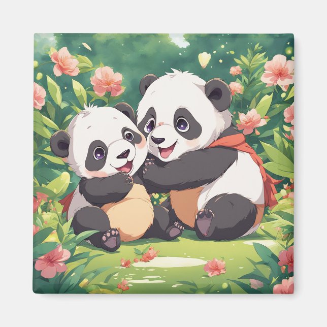 Cute Playful Little Pandas - Anime Style Magnet (Front)