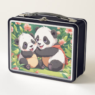 Cute Playful Little Pandas - Anime Style Metal Lunch Box