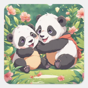 Cute Playful Little Pandas - Anime Style Square Sticker