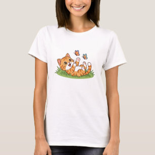 Cute Playful Orange Cat with Butterflies T-Shirt